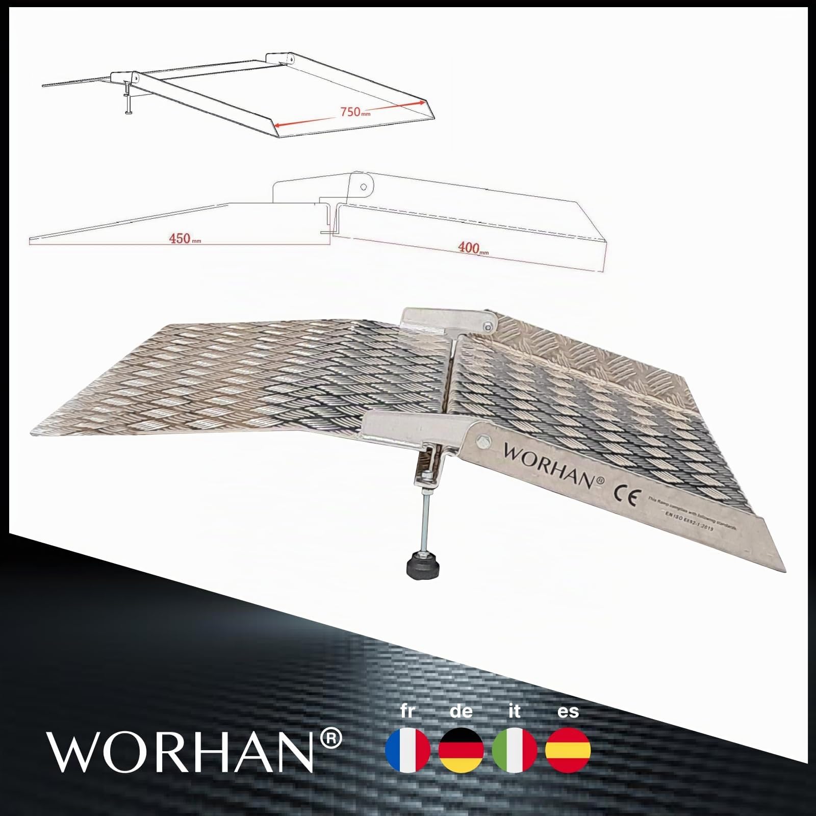 Rampe de Seuil 300kg Rigide pour Fauteuil Roulant Chargement Plateforme Hauteur Variable Réglable Surface Antidérapante Aluminium Anodisé TR87