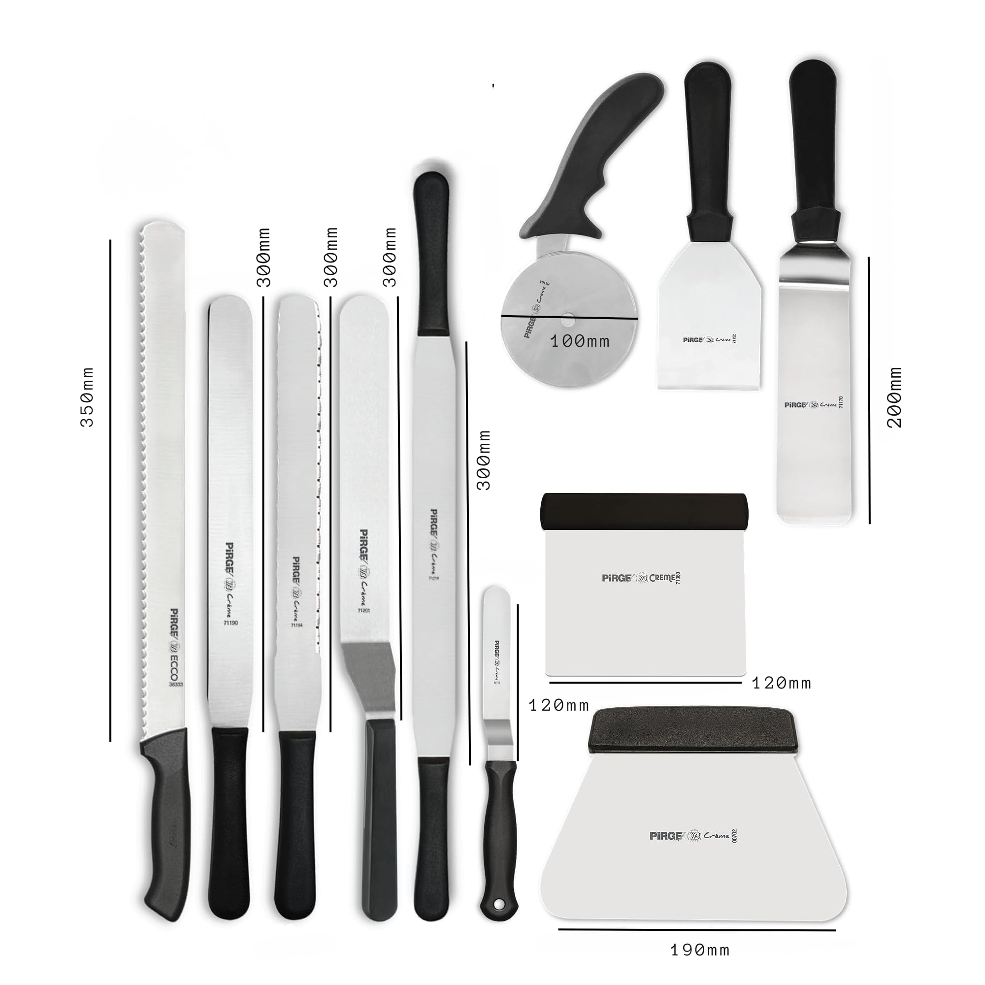 Pirge Backwaren Werkzeug Set - 11 TLG Edelstahl Set für Konditoreien und Bäckereien - Tortenmesser, Winkelpaletten, Teigschaber, Pizzaschneider und mehr, Ergonomischer Griff