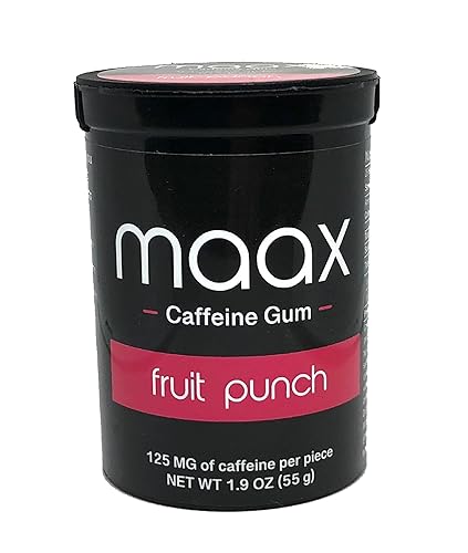 Maax - Goma de cafeína  125 mg de cafeína por pieza  Fruit Punch  25 piezas por recipiente