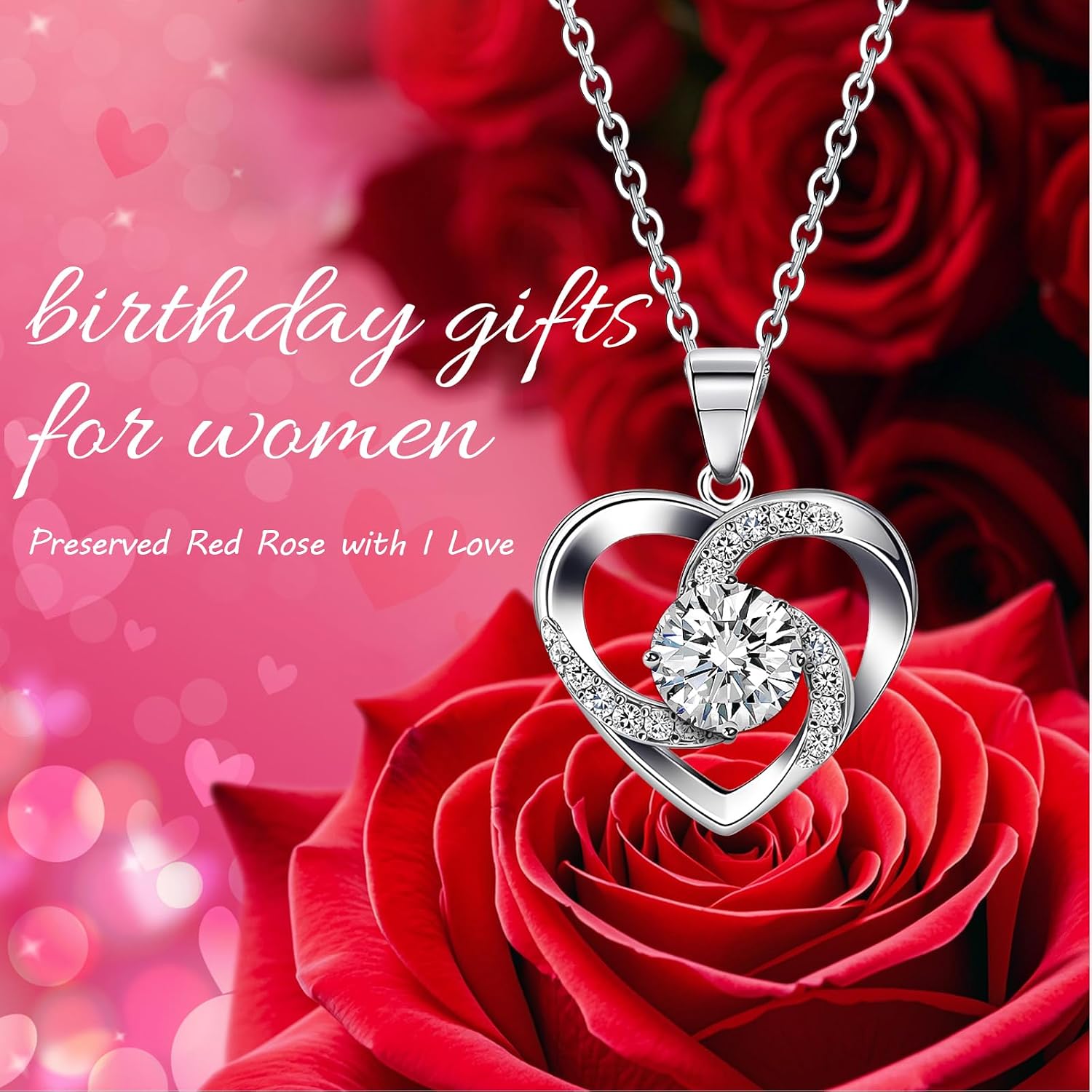 Preserved Rose with Heart I Love You Necklace -Eternal Flowers Rose Birthday Gifts for Valentines Mothers Day Christmas Anniversary,for WomenHerMomWife GirlfriendGrandma