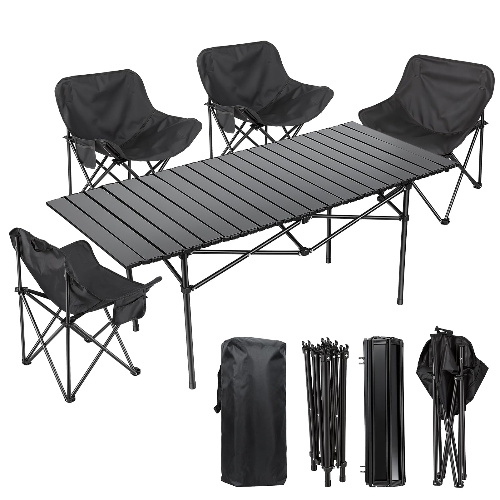 Conjunto De Mesa Y Silla Camping De 5 Piezas, Mesa De Camping Plegable Y 4 Sillas Plegables De Acero Al Carbono, Mesas Picnic Plegable Portátil Para Jardín, Terraza O Pesca (Negro)