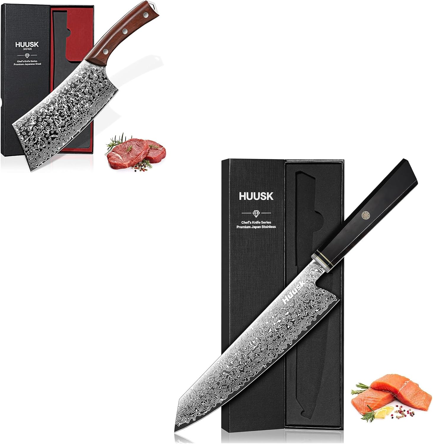 Huusk Damascus Kiritsuke Knife Bundle With Meat Cleaver Knife