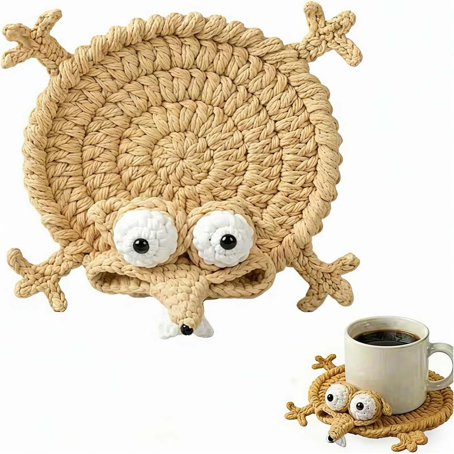 Funny Hand Crocheted Squirrel Coaster, Cute Handmade 3D Animal Mug Coaster, Novelty Knitted Cup Mat Desk Decor, Unique Whimsical Drink Coaster for Coffee & Animal Lovers