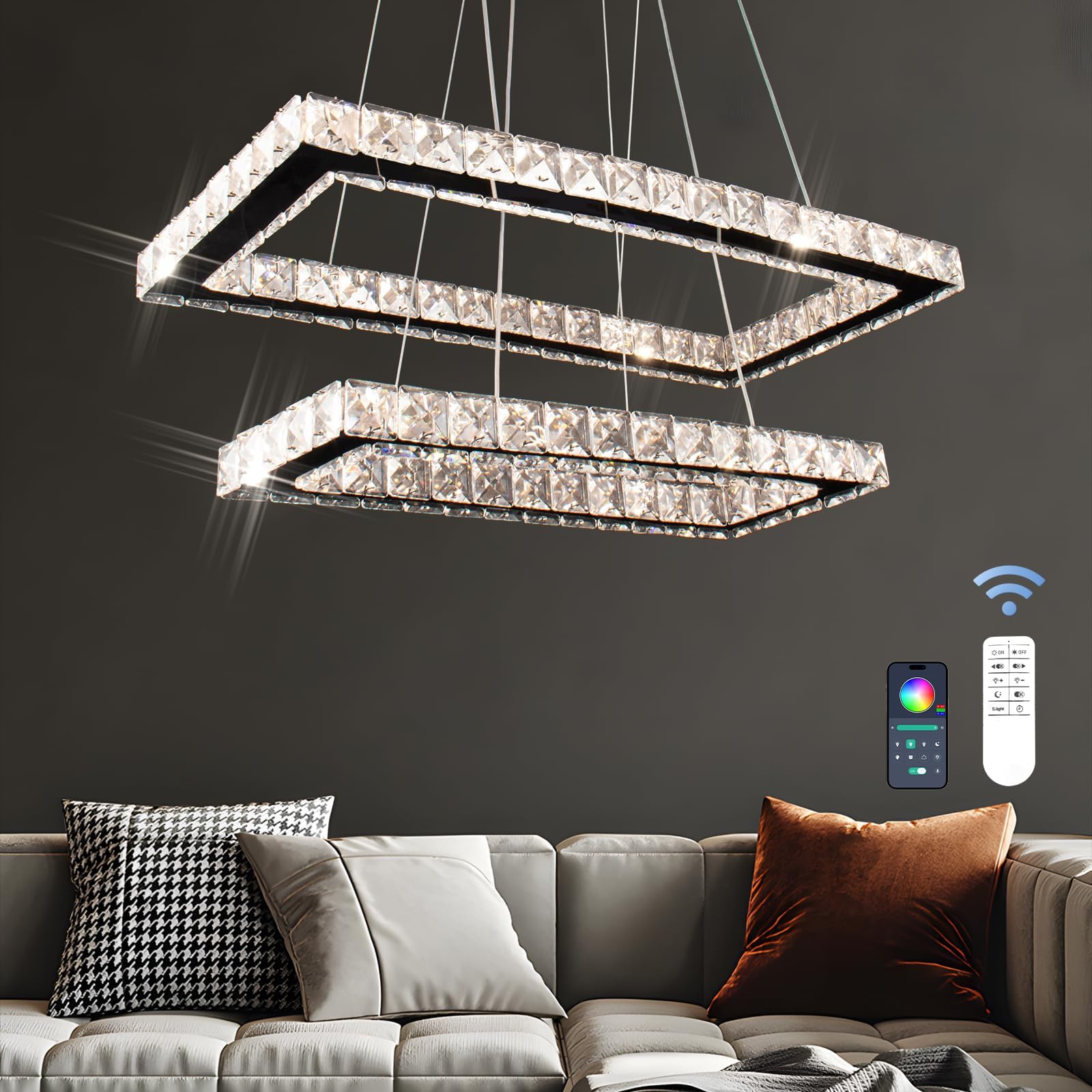 Finktonglan Modern Crystal Chandelier with Remote Control 20.5 Inch Dimmable 2 Rings Rectangular LED Crystal Chandelier Kitchen Dining Room Living Room Island Hanging Lamp (Multicolor)