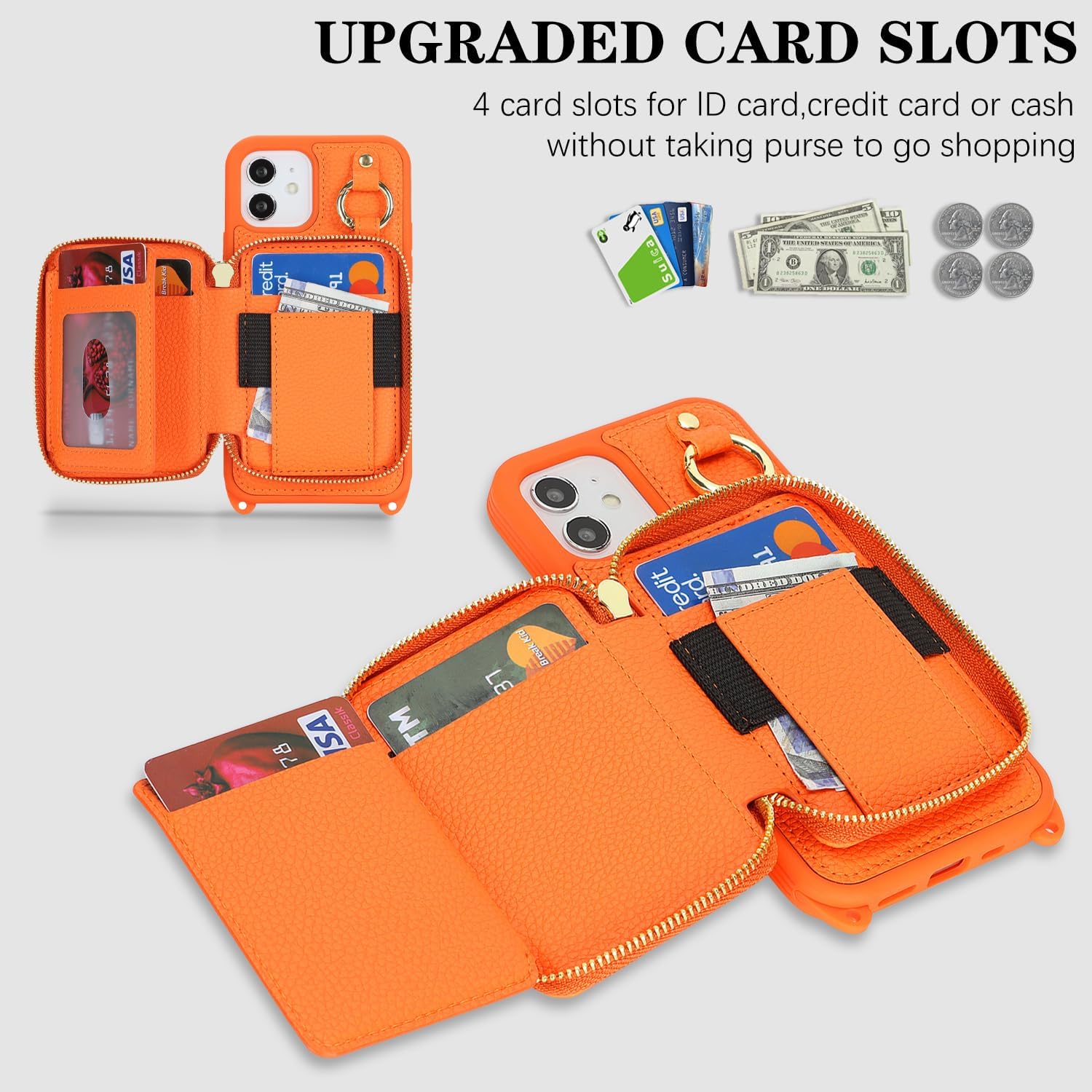 Cavor for iPhone 12 Wallet Case with Card Holder for Women Men, for iPhone 12 Pro Case with Strap, Crossbody Lanyard Phone Case, Magnetic Detachable Compatible with Magsafe-Orange