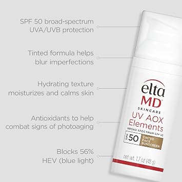 UV AOX Elements Tinted Mineral Face Sunscreen Lotion, Tinted Moisturizer for Face SPF 50 with Antioxidants