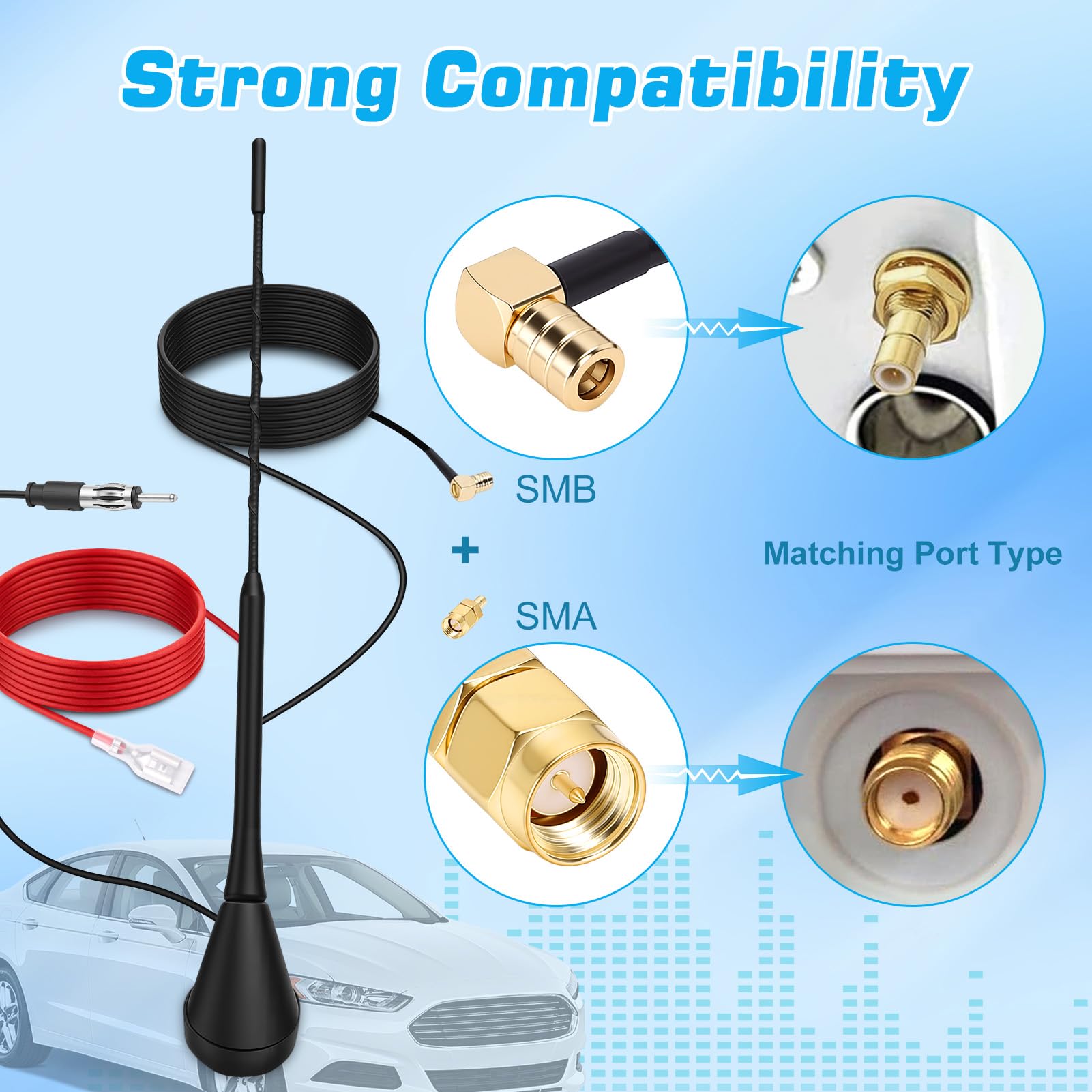 Yosoo Health Gear DAB DAB+ Antenna Auto, Digitale Antenna per Autoradio con 5m Cavo Coassiale, Connettori SMB/SMA e Presa DIN, Amplificatore Divisore Segnale Autoradio