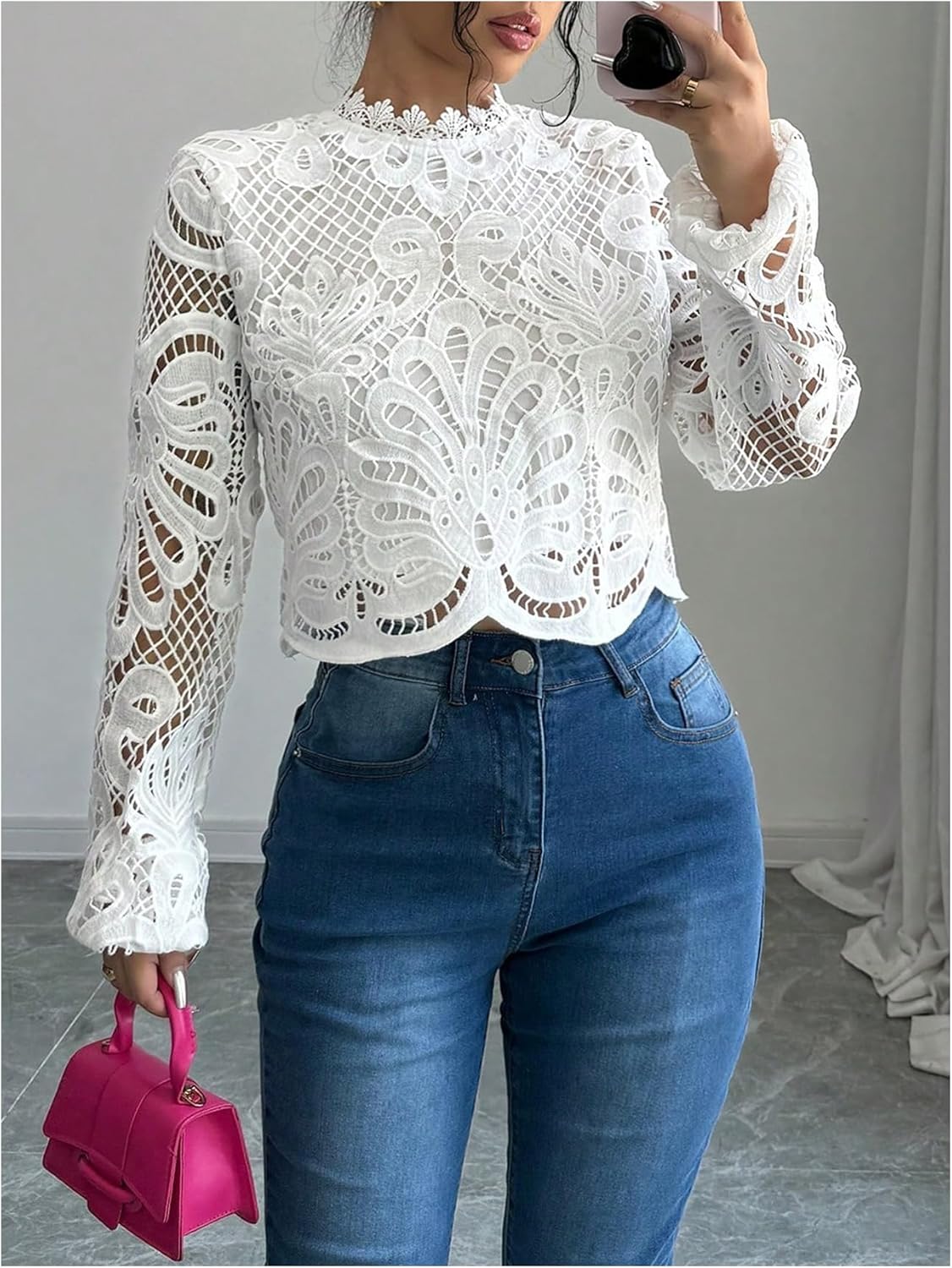 SHENHE Women's Dressy Casual Blouse Lace Embroidered Hollow Out Long Sleeve Going Out Crop Top - Image 3