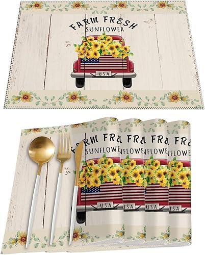 Juego de 4 manteles individuales rústicos con diseño de girasol, color rojo con girasol, resistentes al calor, antideslizantes, de grano de madera,