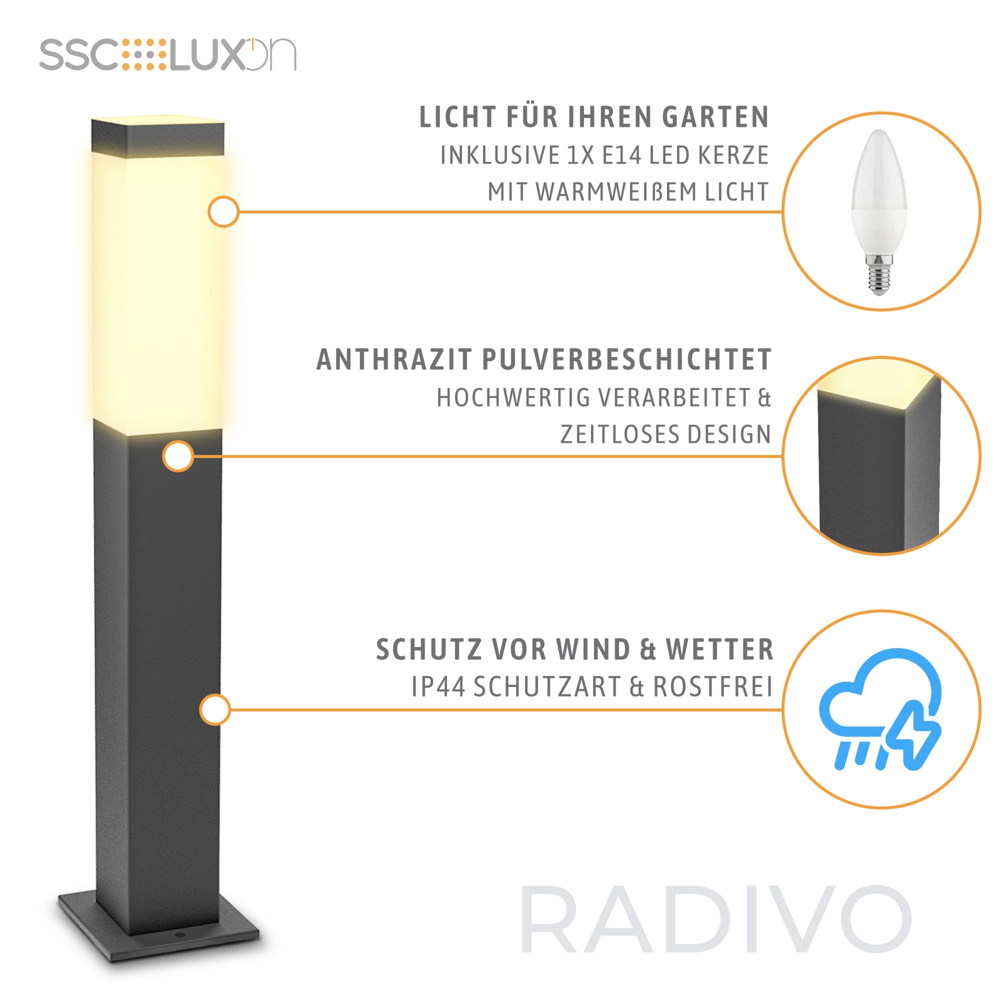 SSC-LUXon RADIVO Pollerleuchte Wegeleuchte Außen anthrazit inkl. LED E14 Lampe warmweiß - Sockelleuchte 230V Außenbereich IP44