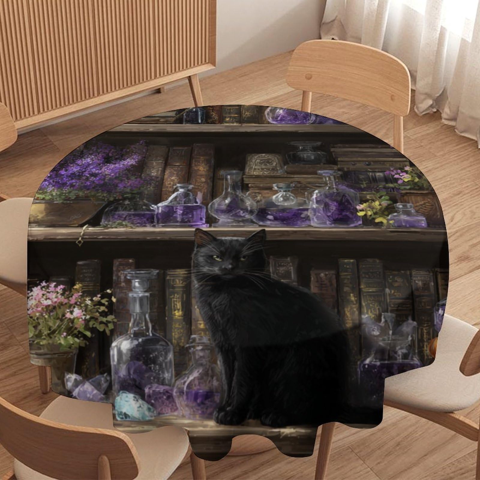 LUYYSKY Retro Rustic Black Cat Round Tablecloth Classic Animal Cat Kitten Gothic Bookshelf Lavender Flowers Print Washable Decor for Table Cover for Kitchen-177.8" Wx177.8 L cm