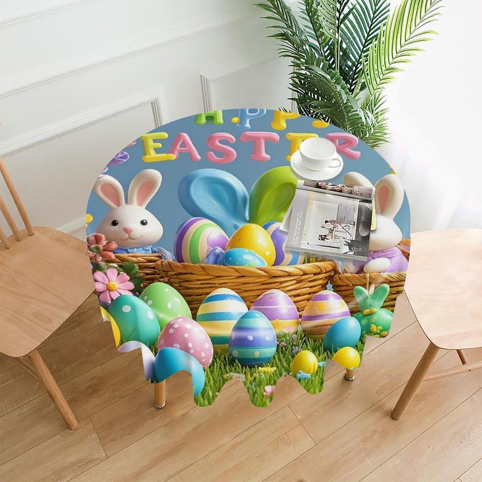 MUSM 60 Inch Happy Easter Round Tablecloth Wipeable Washable Table Cover for Kitchen and Dining Room Decorative Table Cloth for Party Holiday Picnic Outdoor