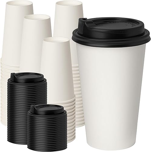 Miniatura 15 de RACETOP Paquete de 50 tazas de café de papel desechables de 16 onzas con tapas y mangas, vasos de papel desechables blancos, tazas calientes