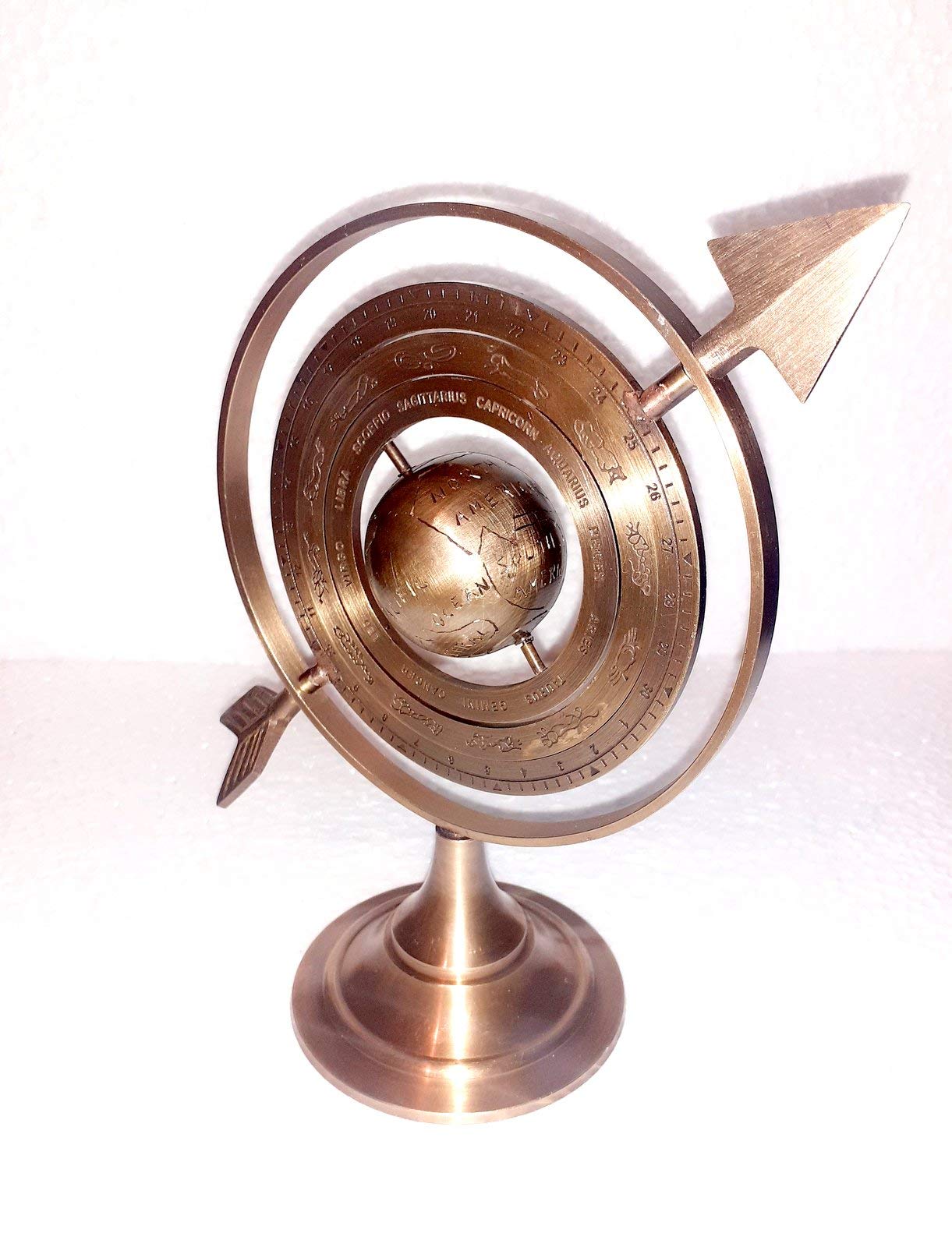 Esfera armilar de latón antiguo marrón antiguo de 8 pulgadas con flecha de reloj de sol, astrolabio marítimo náutico, grabado, astrológico, estrellas, globo, decoración del hogar,