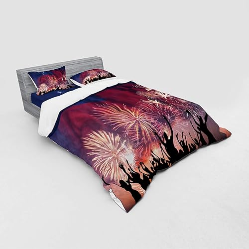 Miniatura 4 de Lunarable Samoa Duvet Cover Set, Celebration Themed Illustration with Happy People Silhouettes Fireworks and Flag, 4 Piece Bedding Set with Shams
