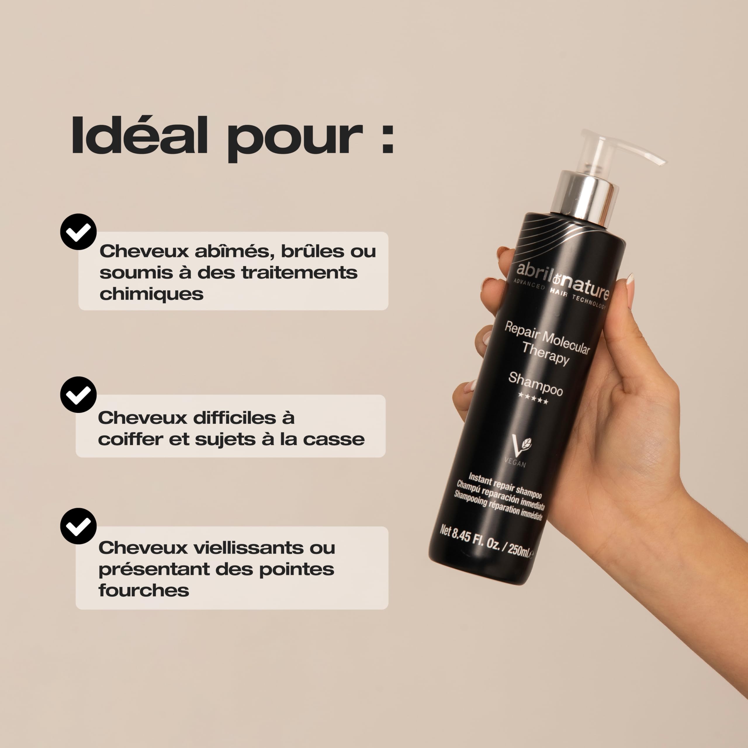abril et nature - Shampooing Professionnel Molecular Therapy - Pour Cheveux Extrêmement Abîmés, Surtraités ou Vieillissants - Restructure, Répare et Restaure - Cheveux Sains et Résistants - 1000 ml