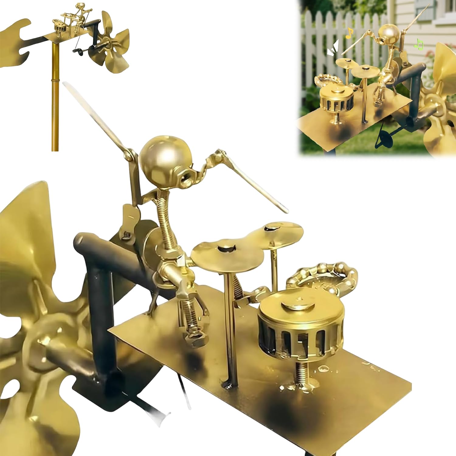 Molino de Viento Metal Hecho a Mano, Estatuas de Música de Percusión, Molino de Viento de Tambores Metálicos Hechos a Mano, Molino de Viento de Baterista, para Bailar con el Viento, para Jardín, Patio