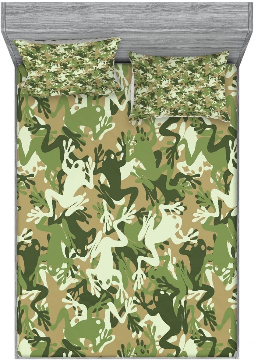 Ambesonne Animal 2 Pack Fitted Sheet & Pillow Sham Set, Skull Camouflage Frog Design, 4 Pcs Bedding Decor, Package Contains 2 Full Size Fitted Sheets & 4 Pillow Covers, Green Pine and Sage