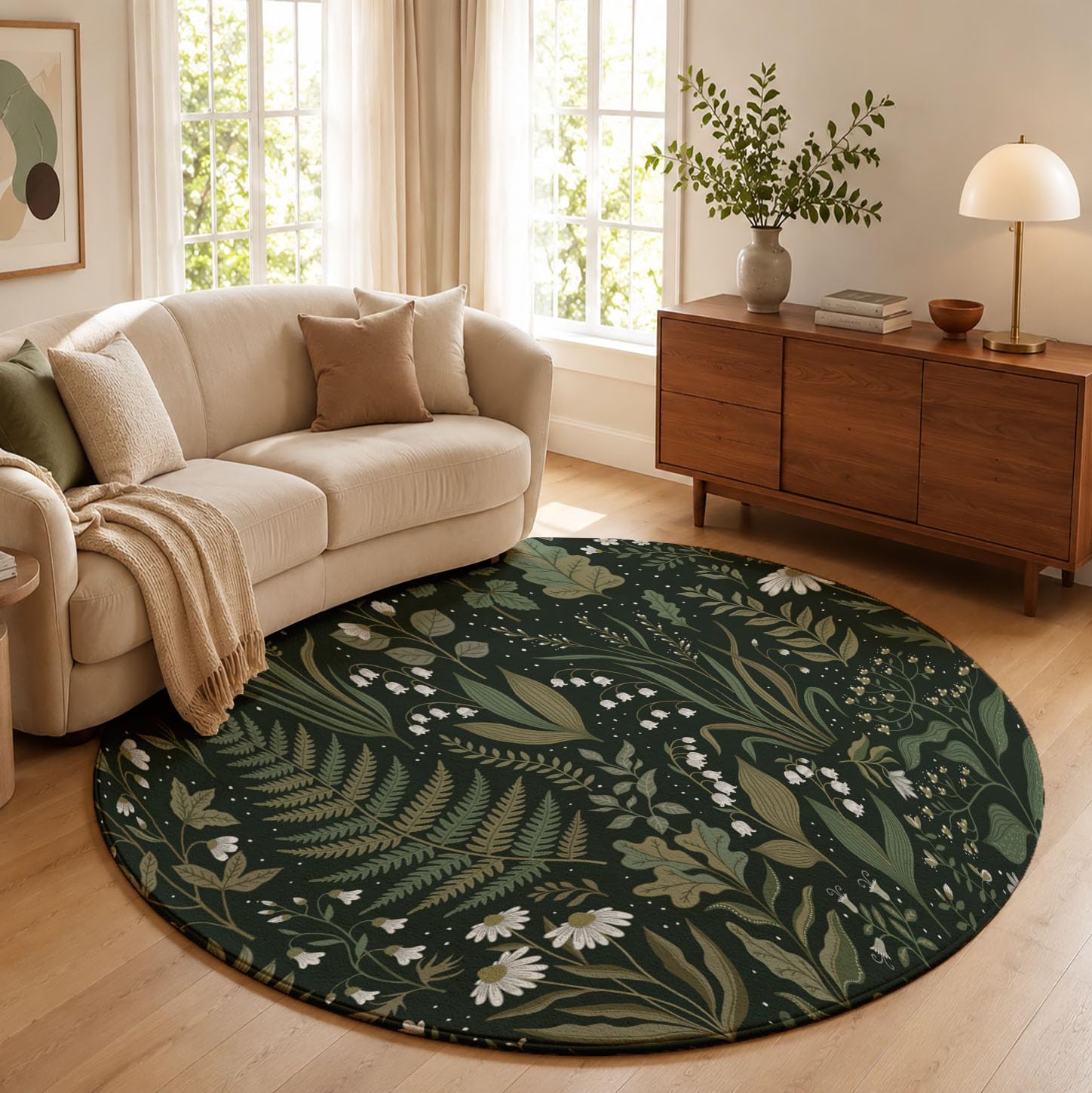 Tappeto Salotto Rotondo Grande Pelo Corto, Piante E Fiori Retrò Grandi Antiscivolo Tondo Moquette,Felci Margherite Bambini Camera,Domestica Decor Tappeti (Ø 120 cm,Verde Scuro)