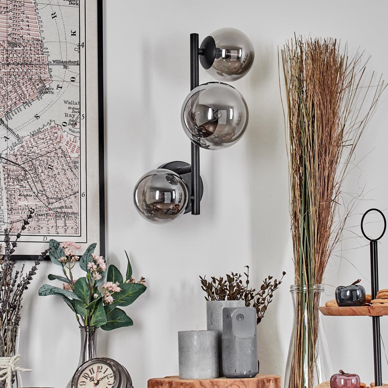 HOFSTEIN Wandleuchte Chehalis, Wandlampe aus Metall/Glas in Schwarz/Rauchfarben, moderne Leuchte im Retro/Vintage-Design (Ø Schirme 10; 12 cm), G9, Wohnzimmer, Schlafzimmer, Küche, Flur, Treppenhaus