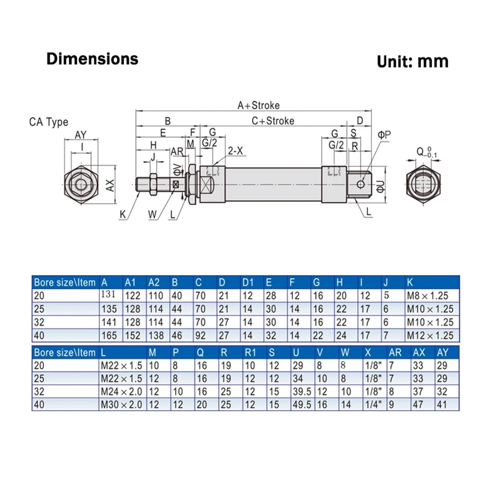 MAL25 Mini-Pneumatikzylinder, 32 mm Bohrung, 25, 50, 100, 200, 300, 400, 500 mm Hub, Aluminiumlegierung, kleine Doppelwirkung (Hub 125 mm, Bohrung 32 mm)