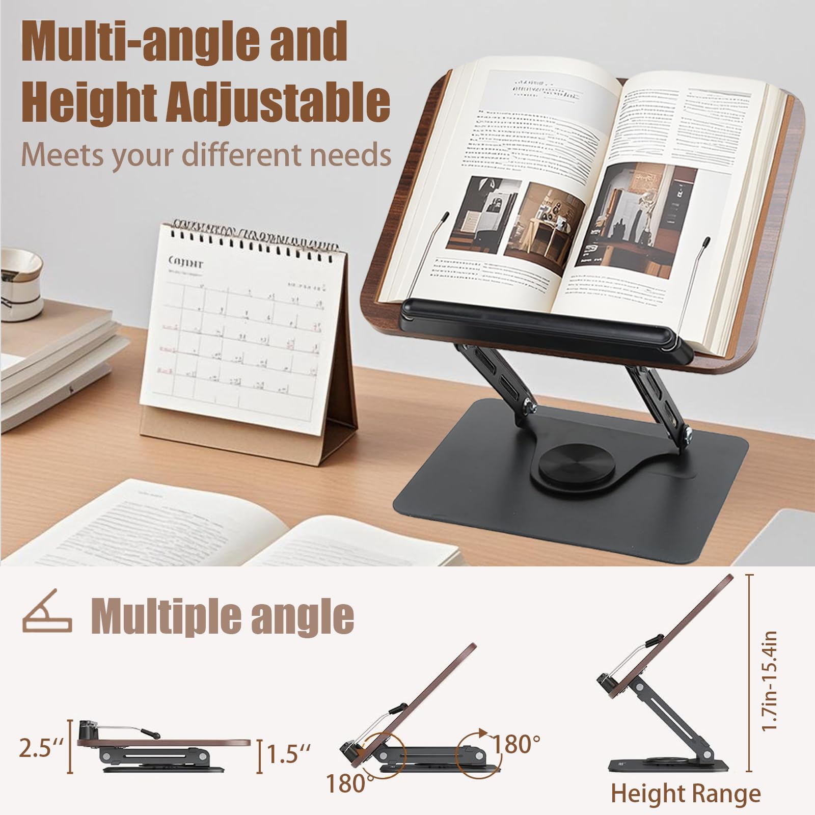 Porta Libri regolabile con pannello base girevole in legno e graffette Leggio da lettura Porta Libri resistente e porta Libri portatile per libri, cuochi, Ricette, iPad, Tablet, Spartito