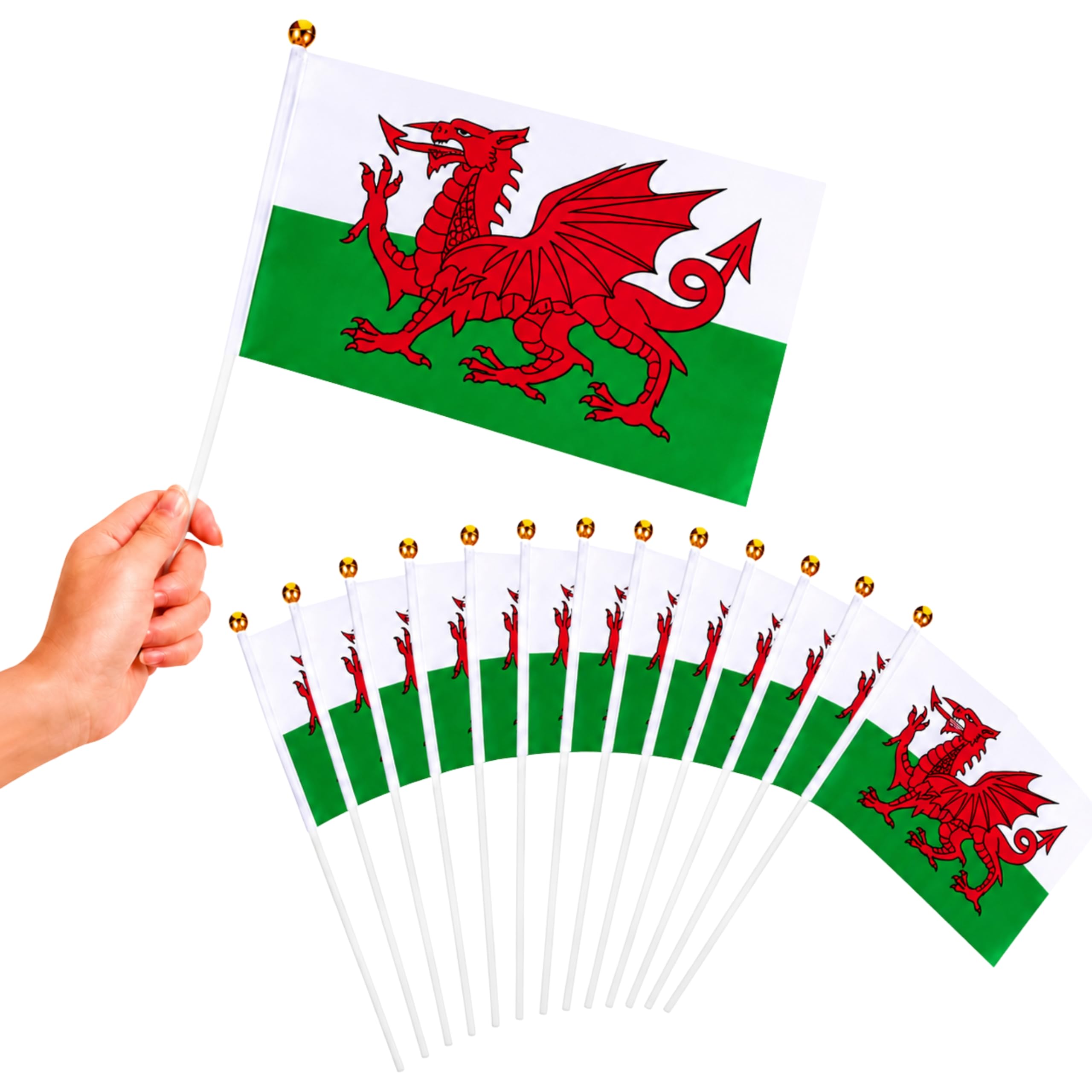25Pcs Wales Hand Waving Flags 15 x 21cm with 30cm Pole – Double Sided Welsh Dragon Hand Flags for Football Matches, Garden Decorations, Pub Events and Street Parties