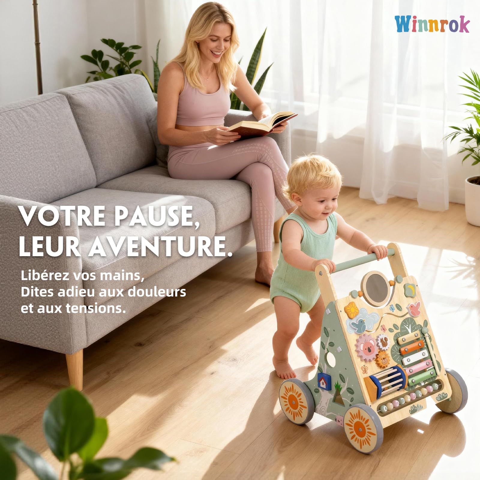 Chariot de Marche en Bois pour Bébé, Centre d'Activités Multiples Montessori, Trotteur Bébé Hauteur et Vitesse Réglables, pour Fille et Garçon de 6 Mois à 2 Ans, Cadeau pour Anniversaire et Noël