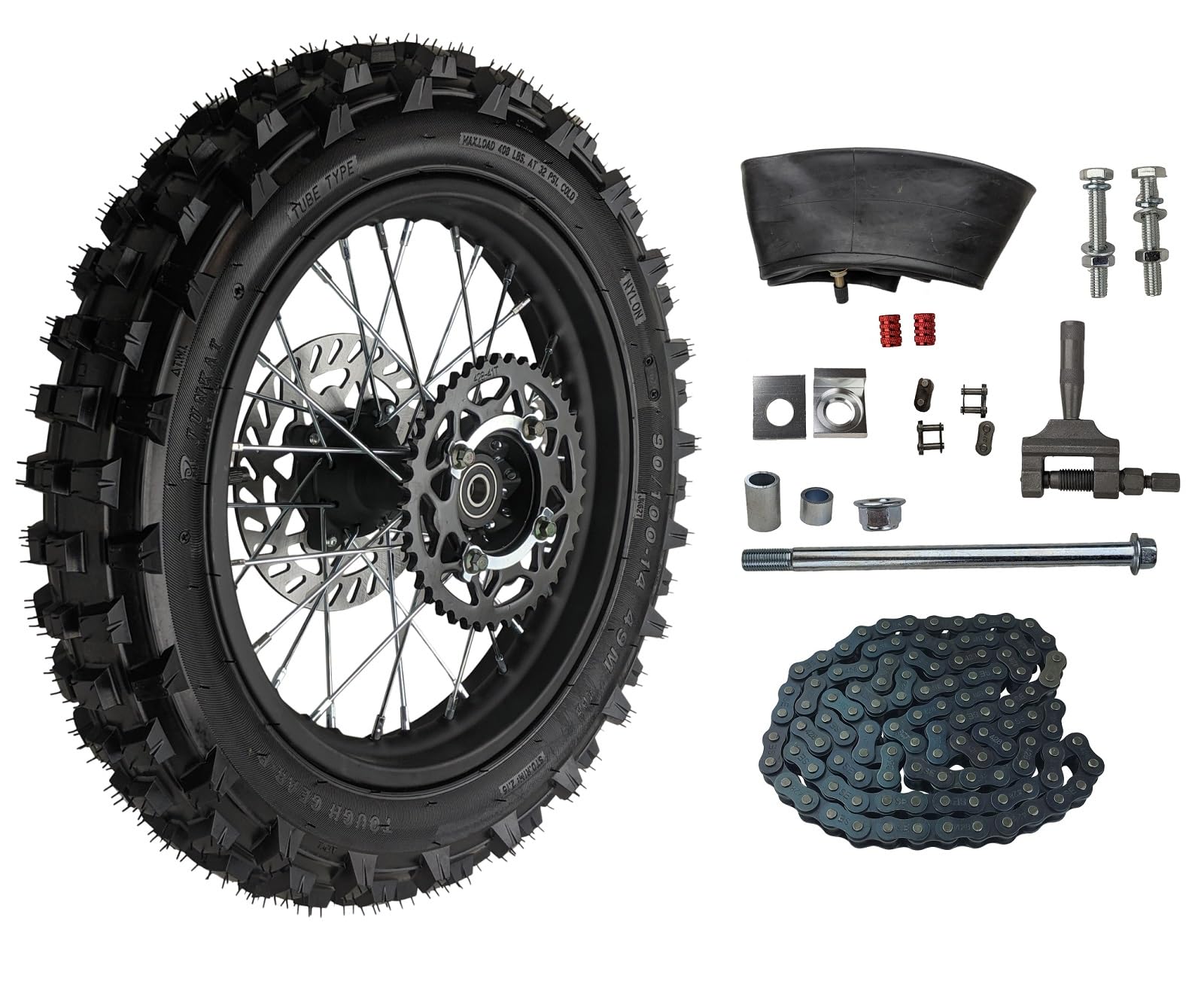 14" Rear Wheel Rim Tire Assembly For Dirt Pit Bike Trail 90/100-14 Rear Wheel Rim Tire Fits 125/140/150/160cc Pit Dirt Bike KLX65 Apollo Kayo TT 125 140 Brake Rotor, Sprocket (14 with Components)