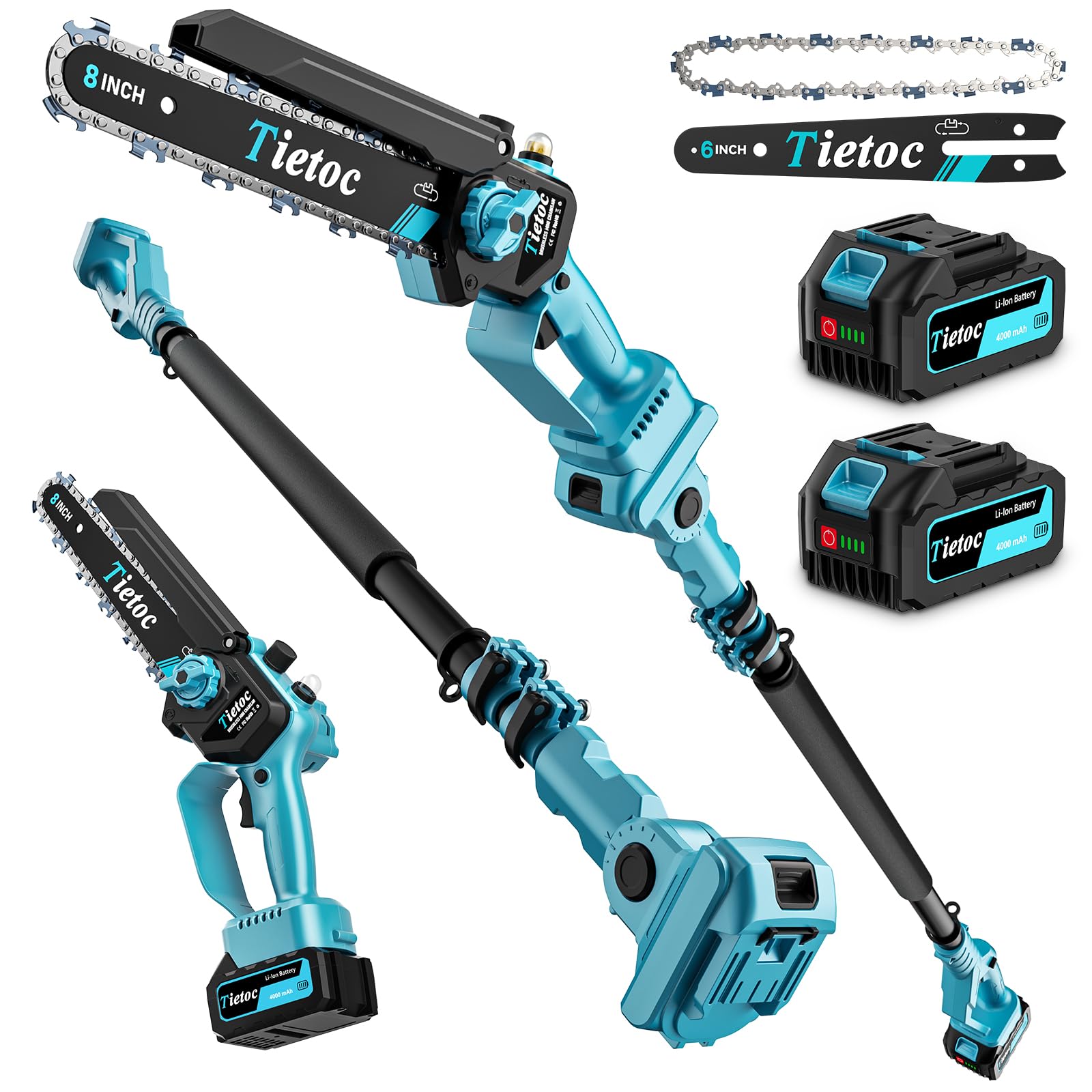 TIETOC 2-in-1 Brushless Pole Saw for Tree Trimming – 8/6" Mini Electric Chainsaw with 2×4000mAh Batteries, Auto Oiling, Tool-Free Adjustment,Cordless Battery Powered Saw for Home Garden Branch Cutting