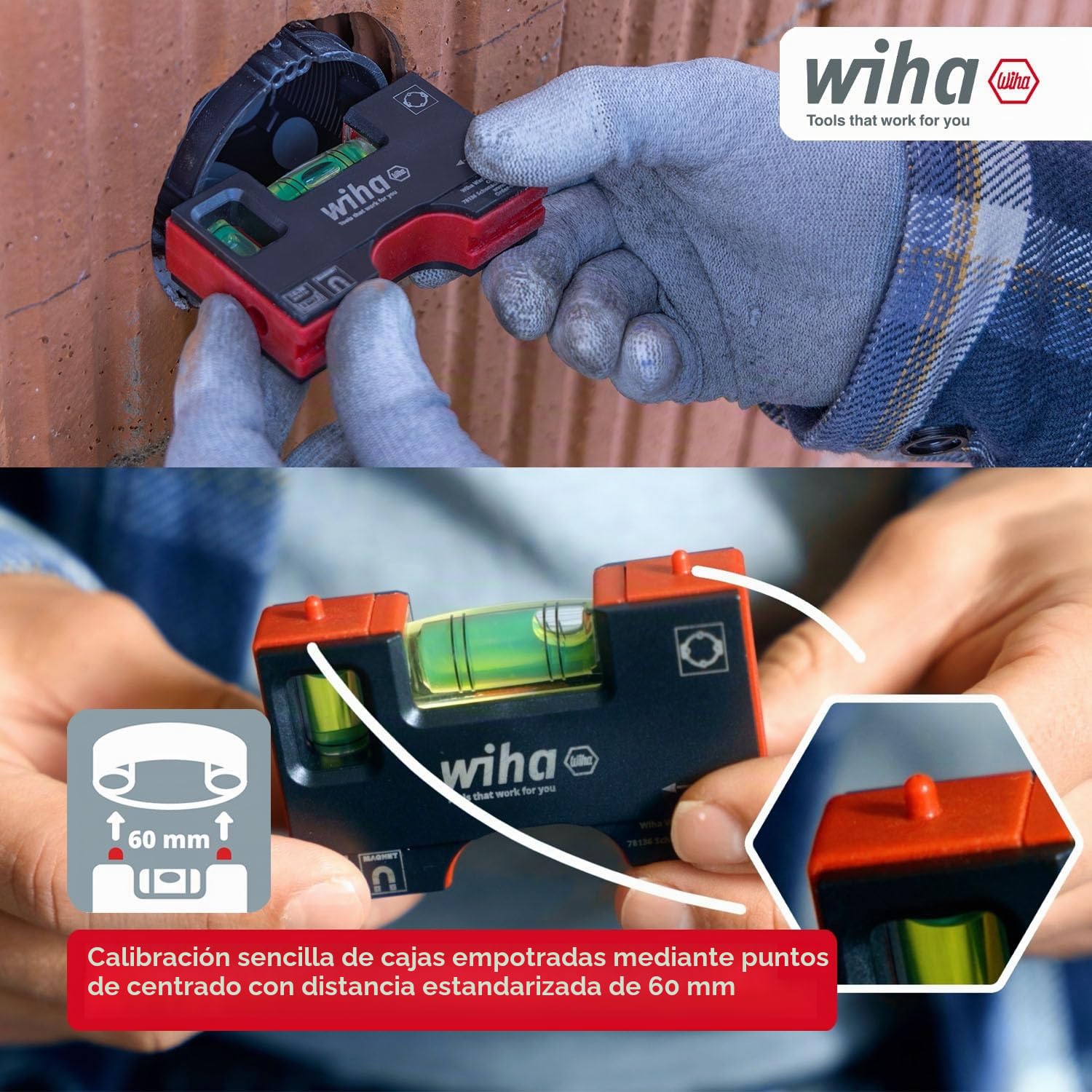 Wiha Mini nivel de burbuja Pocket I 10 cm con imán I Herramienta electricista para enchufe I Nivel horizontal de 4 anillas + nivel vertical para una alineación precisa I Nivel magnético (46957)