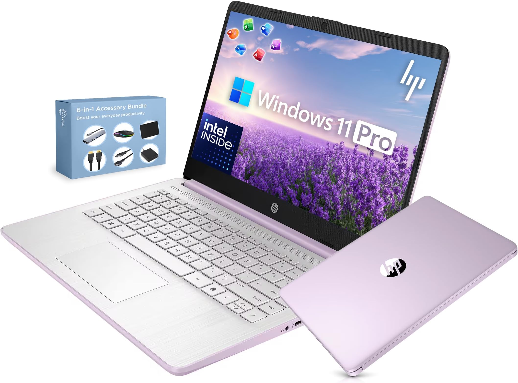 HP 14” Ultra Light Thin Laptop Computer 2026 Premium, MS Office, Copilot AI, 4-Core Intel CPU, 4GB DDR5 RAM, 628GB Storage (128GB UFS+500GB Ext), Long Battery, MarxsolAccessory, Win 11 Pro, Lavender