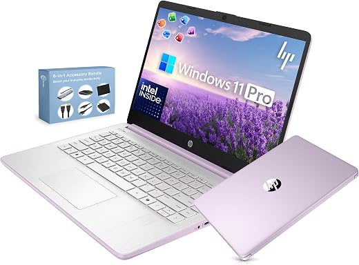 HP 14” Ultra Light Thin Laptop Computer 2026 Premium, MS Office, Copilot AI, 4-Core Intel CPU, 4GB DDR5 RAM, 628GB Storage (128GB UFS+500GB Ext), Long Battery, MarxsolAccessory, Win 11 Pro, Lavender