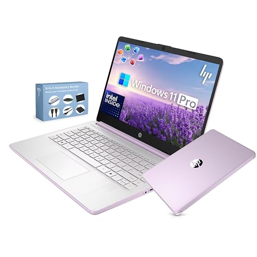 HP 14” Ultra Light Thin Laptop Computer 2026 Premium, MS Office, Copilot AI, 4-Core Intel CPU, 4GB DDR5 RAM, 628GB Storage (128GB UFS+500GB Ext), Long Battery, MarxsolAccessory, Win 11 Pro, Lavender