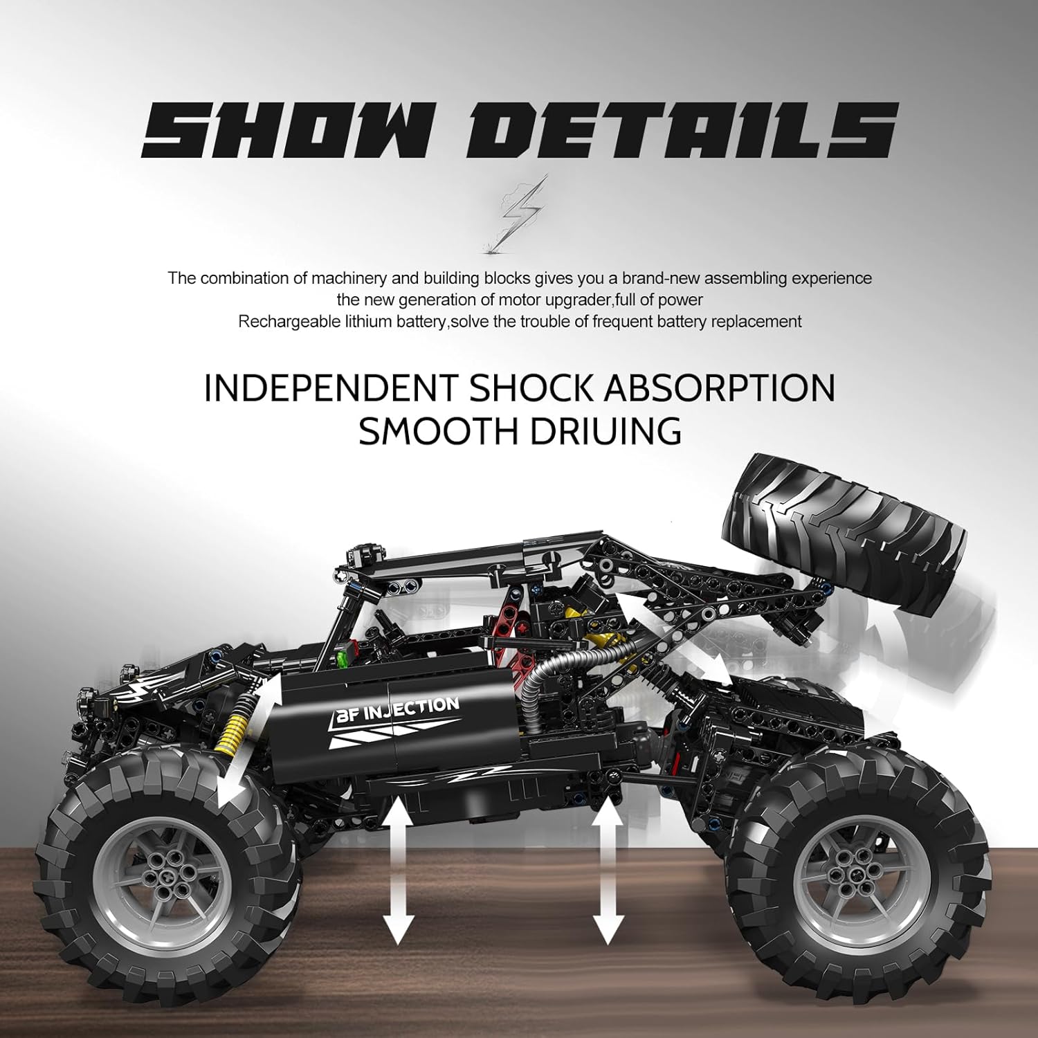 Mould King 18038 RC car demonstrating independent shock absorption