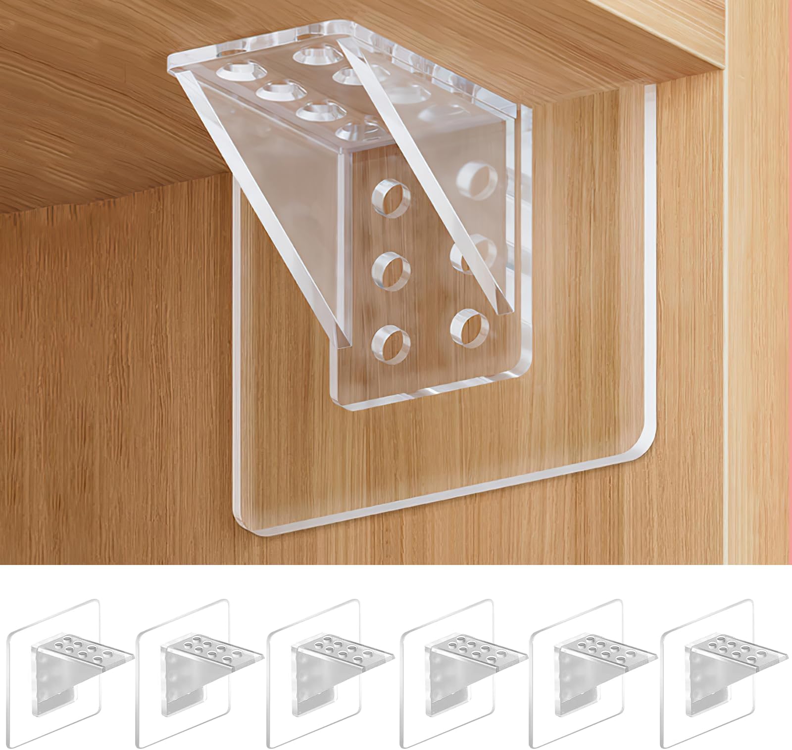 6PCS Strongs Adhesive Shelf Support Brackets – No Hole Installation, Transparent Design, Prevents Sliding Desirable for Kitchen and Home Cabinets