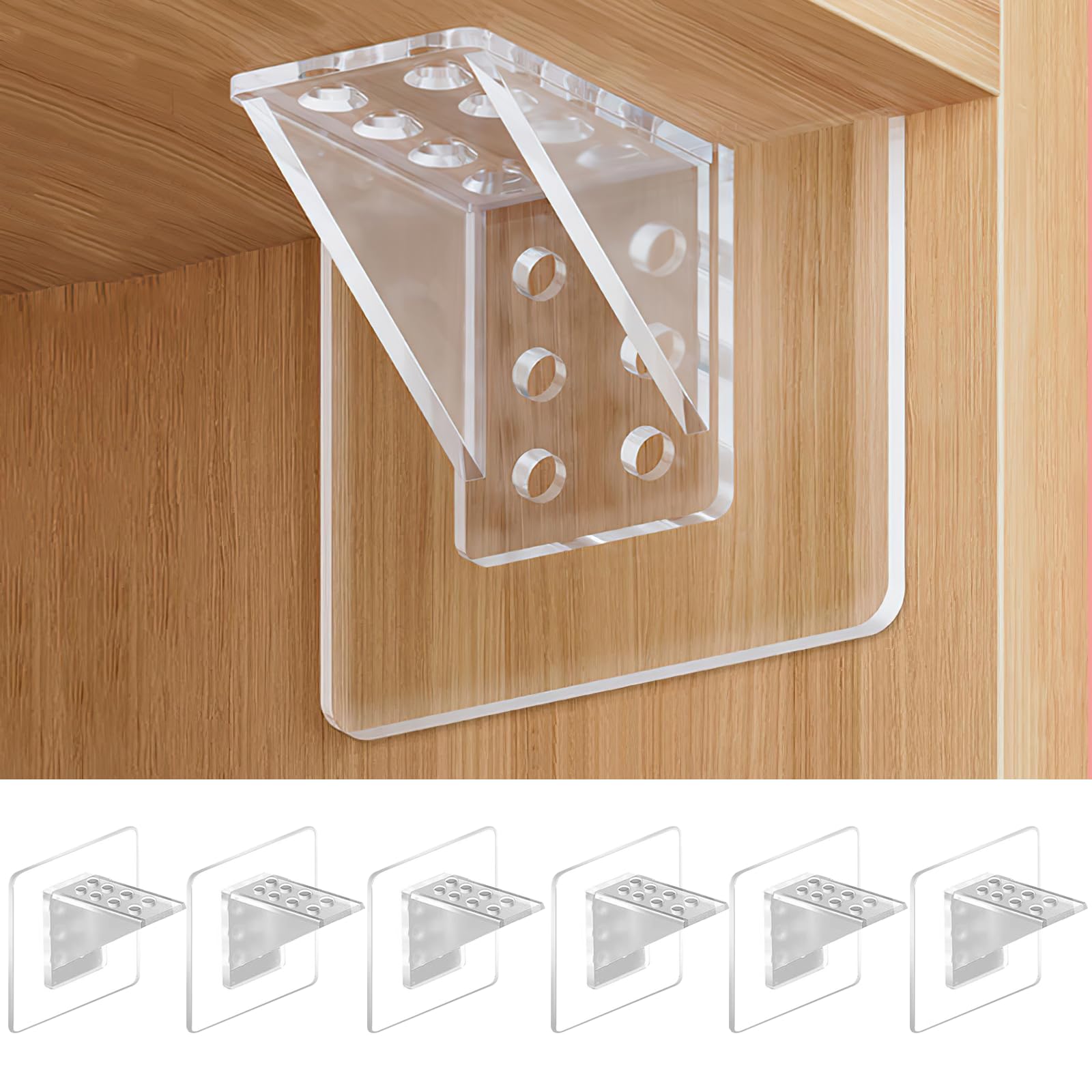 6PCS Strongs Adhesive Shelf Support Brackets – No Hole Installation, Transparent Design, Prevents Sliding Desirable for Kitchen and Home Cabinets