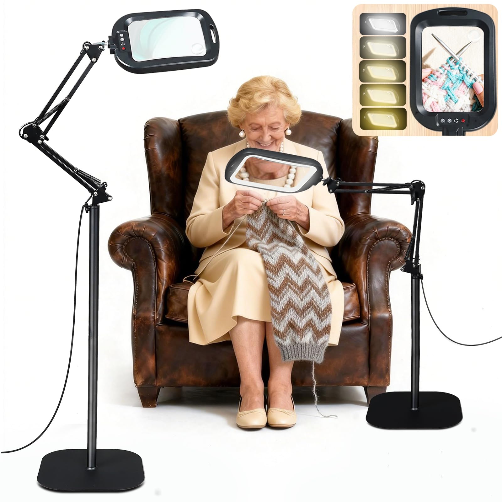 GABORISH 10 lupas de pie 30 X con luz y soporte, lámpara de lupa 3 en 1 con 60 LED, brazo plegable rectangular con abrazadera, 5 modos de color regulable, sin manos, lupa de lectura con luz para