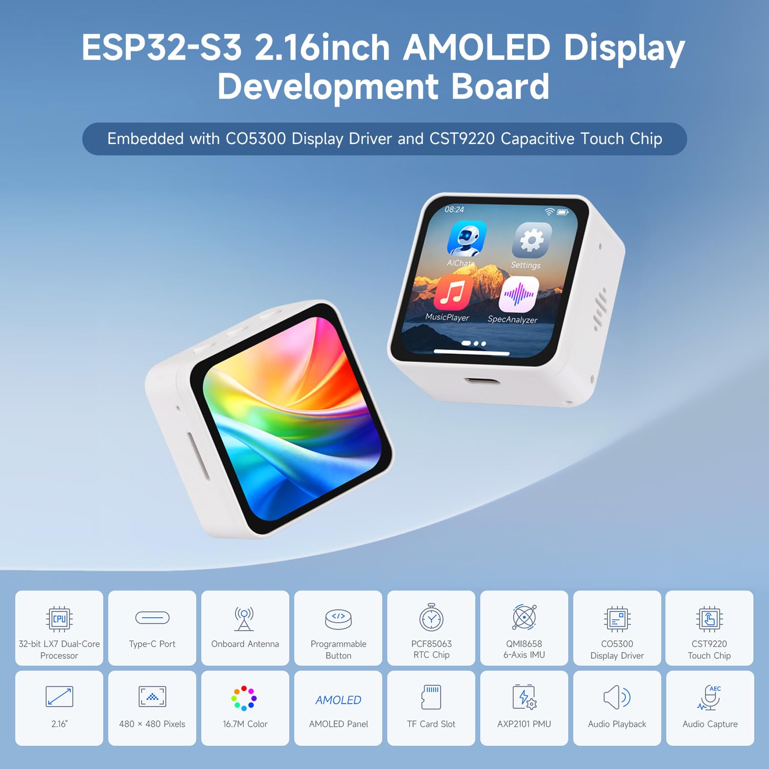 Waveshare ESP32-S3 2.16inch AMOLED Display Development Board, 480 x 480 Resolution, 16.7M Color, Supports Dual Microphones, 2.4GHz Wi-FI and BLE 5