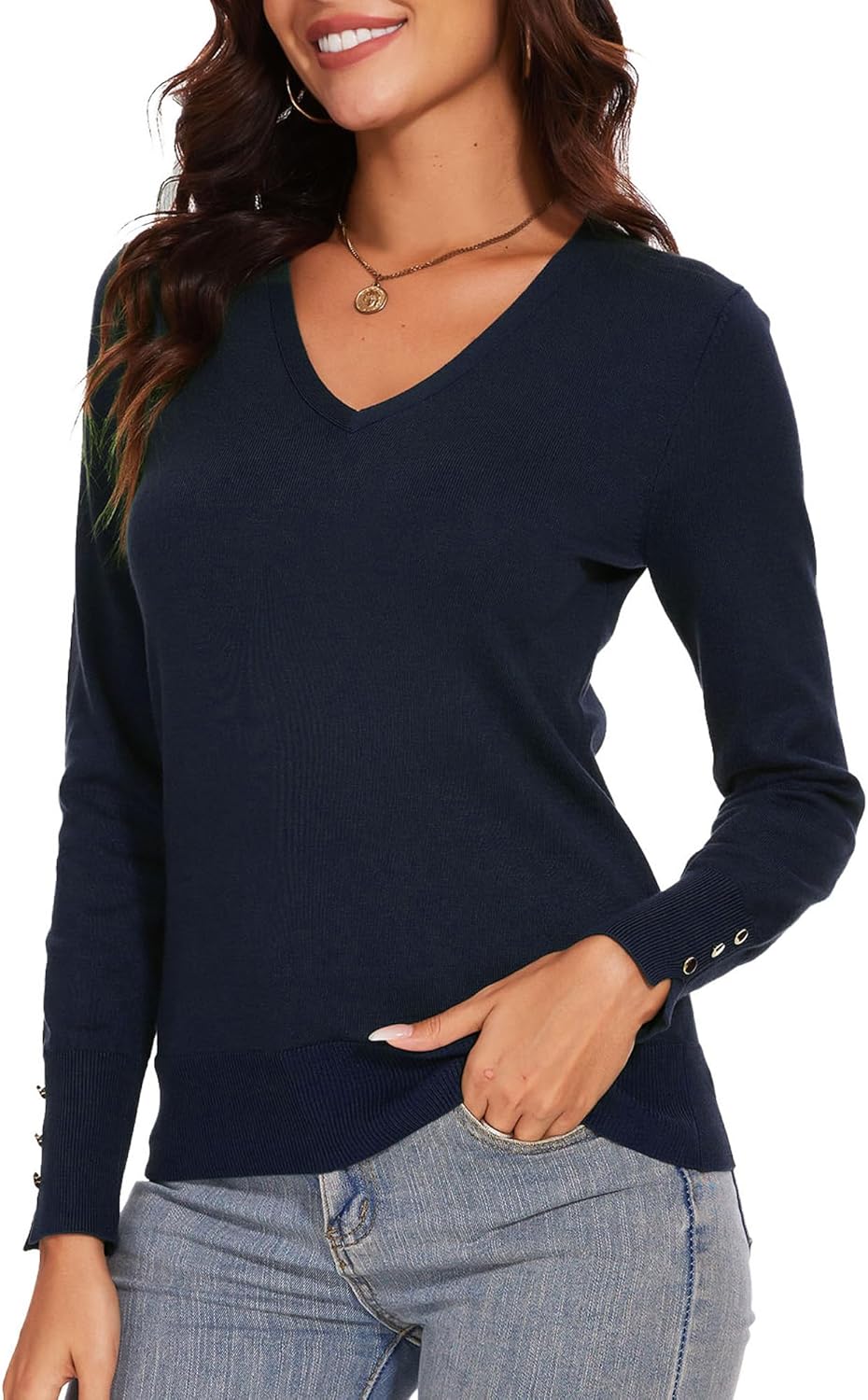 Spicy Sandia Women's V Neck Sweaters Long Sleeve Lightweight Pullover Knit Shirt Essential Top Dressy Casual - Image 4