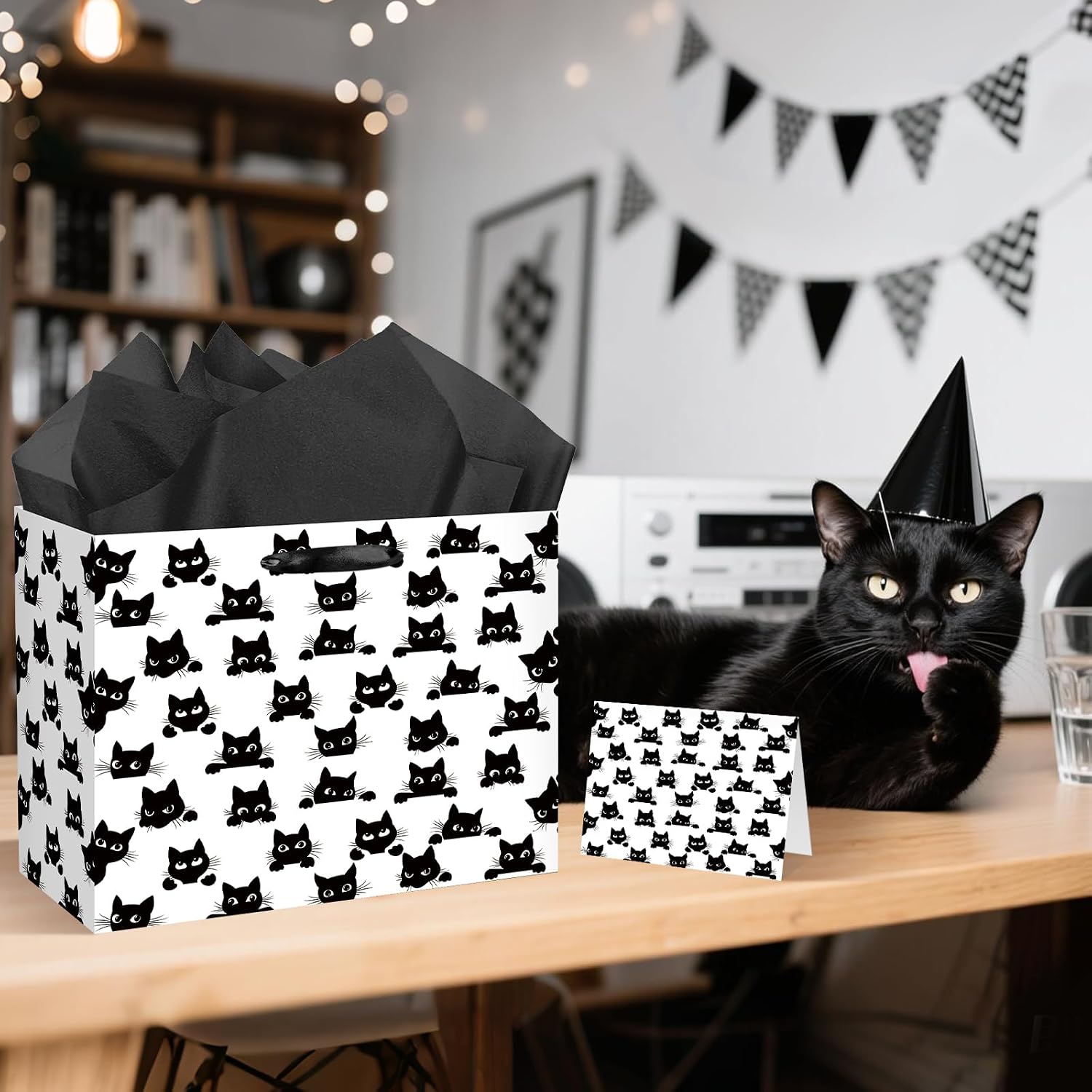 Peconal Funny Cat Birthday Gift Bag Black Cat Birthday Decorations Black Meow Gift Wrapping Paper Bag with Greeting Card for Boys Girls Baby Shower Halloween Party Favors Supplies image 4