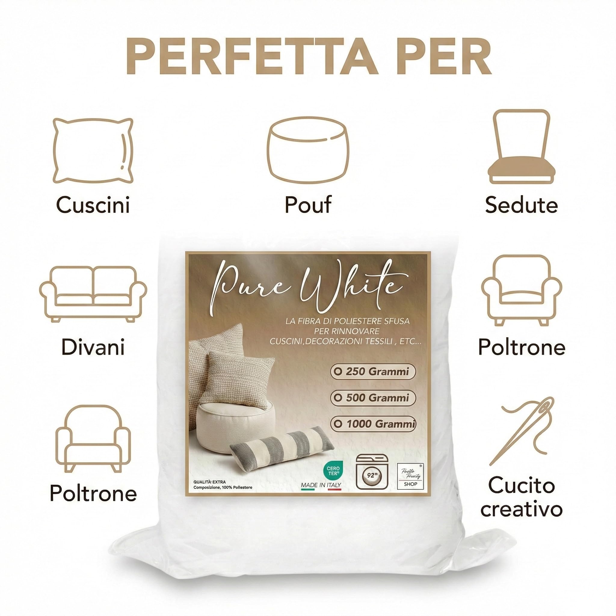 Tex family Ovatta Fioccata Imbottitura Cuscini - Anallergica Antiacaro - Lavabile 95° - Made in Italy | Poliestere 1000 Grammi