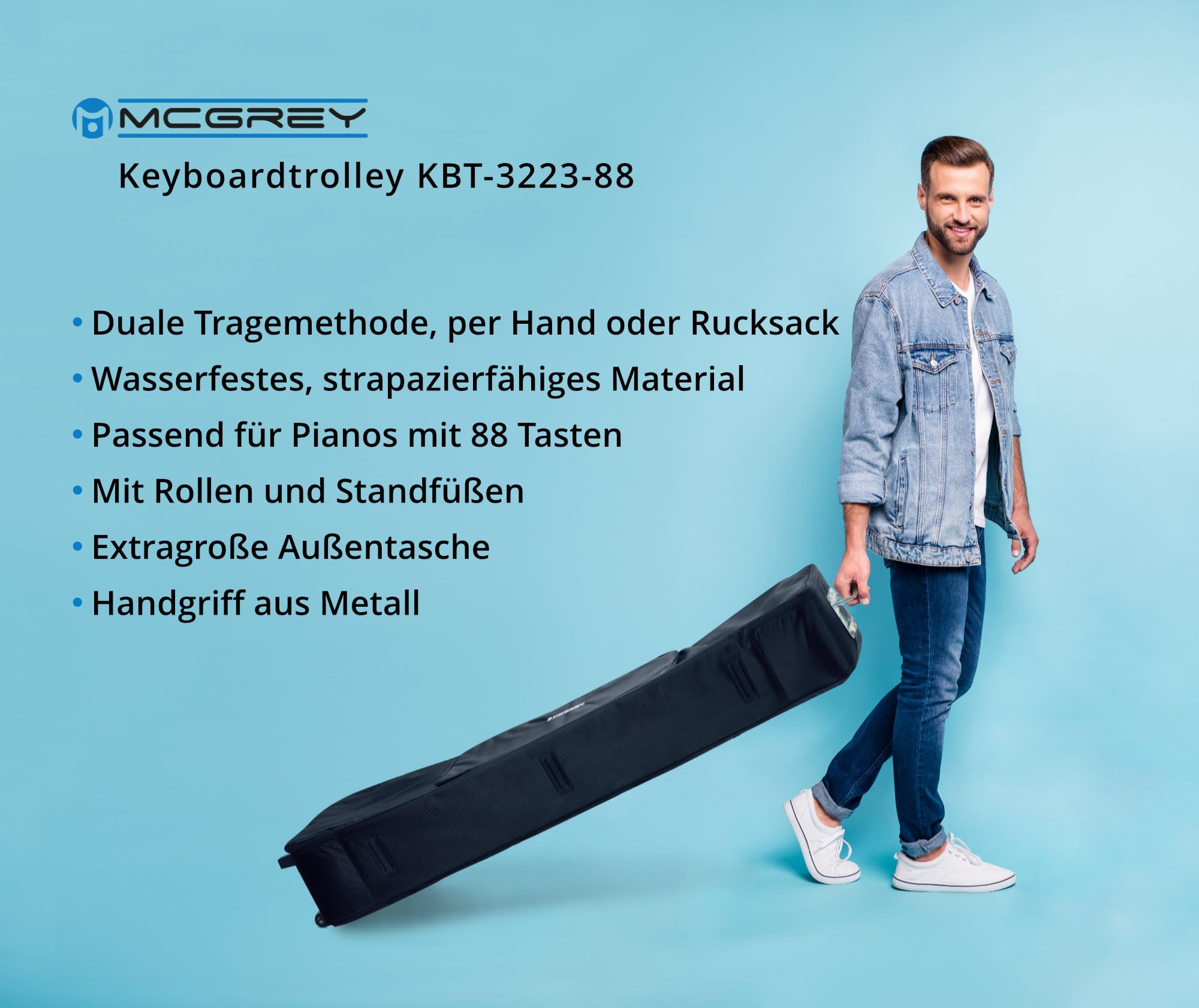 McGrey KBT-3223-88 Chariot de transport à roulettes pour clavier et piano avec 88 touches, léger, confortable et robuste, rembourrage intérieur épais, sac à dos rembourré, imperméable, noir