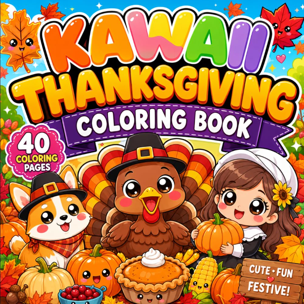 Kawaii Thanksgiving Coloring Book: Cute Fall Harvest Friends, Adorable Turkey, Pumpkin, Pie, Acorns & Cozy Autumn Scenes Designs To Color for Kids