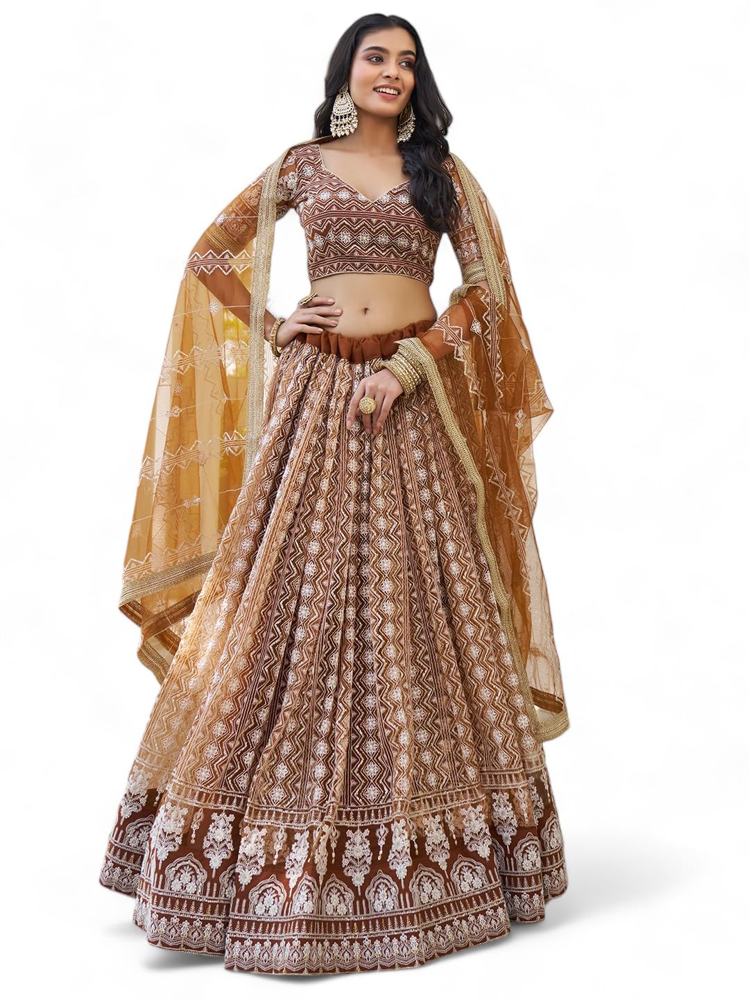 Women's Semi-Stitched Thread Sequins Work Embroidery Net Lehenga Choli with Dupatta (2132-Brown-Wedding-Women-Lehenga-Choli; Free Size)-image-35
