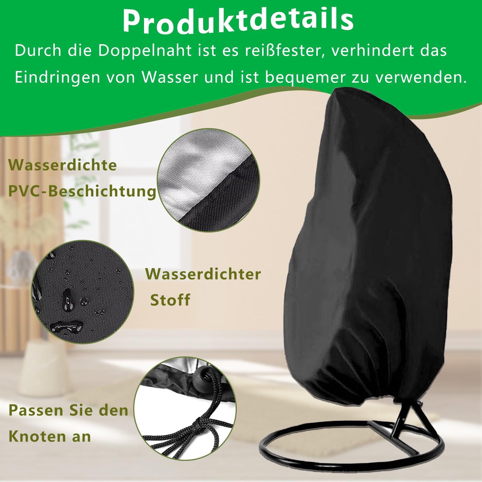 Afdekhoes voor hangstoel, met ritssluiting, outdoor, waterdicht, winddicht, anti-UV voor hangstoel, beschermhoes, 190 x 115 cm
