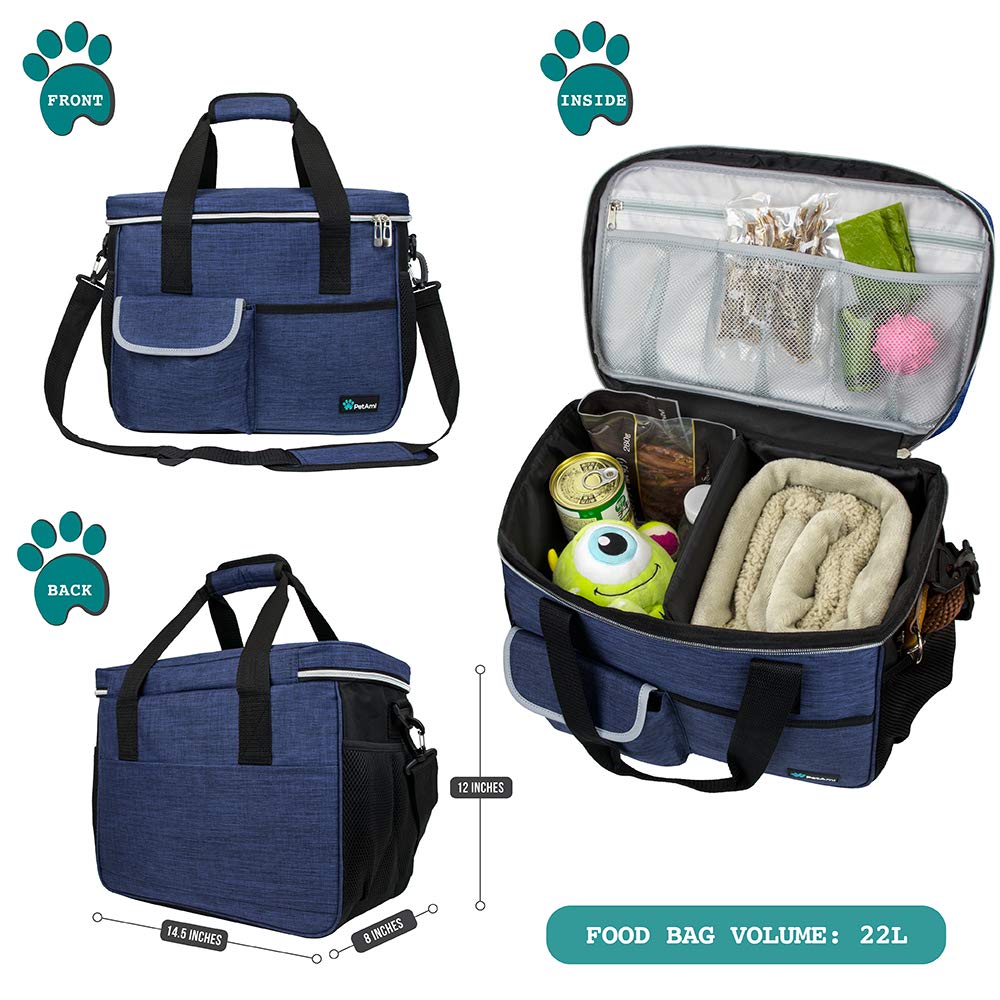PetAmi Bolsa de viaje para perros, organizador de bolsas de viaje para mascotas, bolsa de viaje para comida para perros con recipiente de alimentos y cuencos, suministros de viaje para perros,