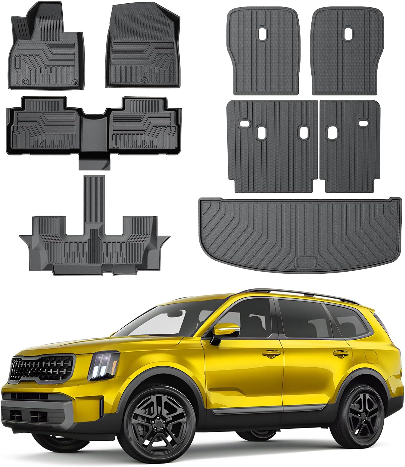 KUST Floor Mats Set for 2020-2025 Kia Telluride Accessories (7 Seats), Rear Cargo Trunk Liner with 2nd/3rd Row Backrest Kick Mat All Weather Protection TPE Rubber Raised Edge, Full Set of 9pcs