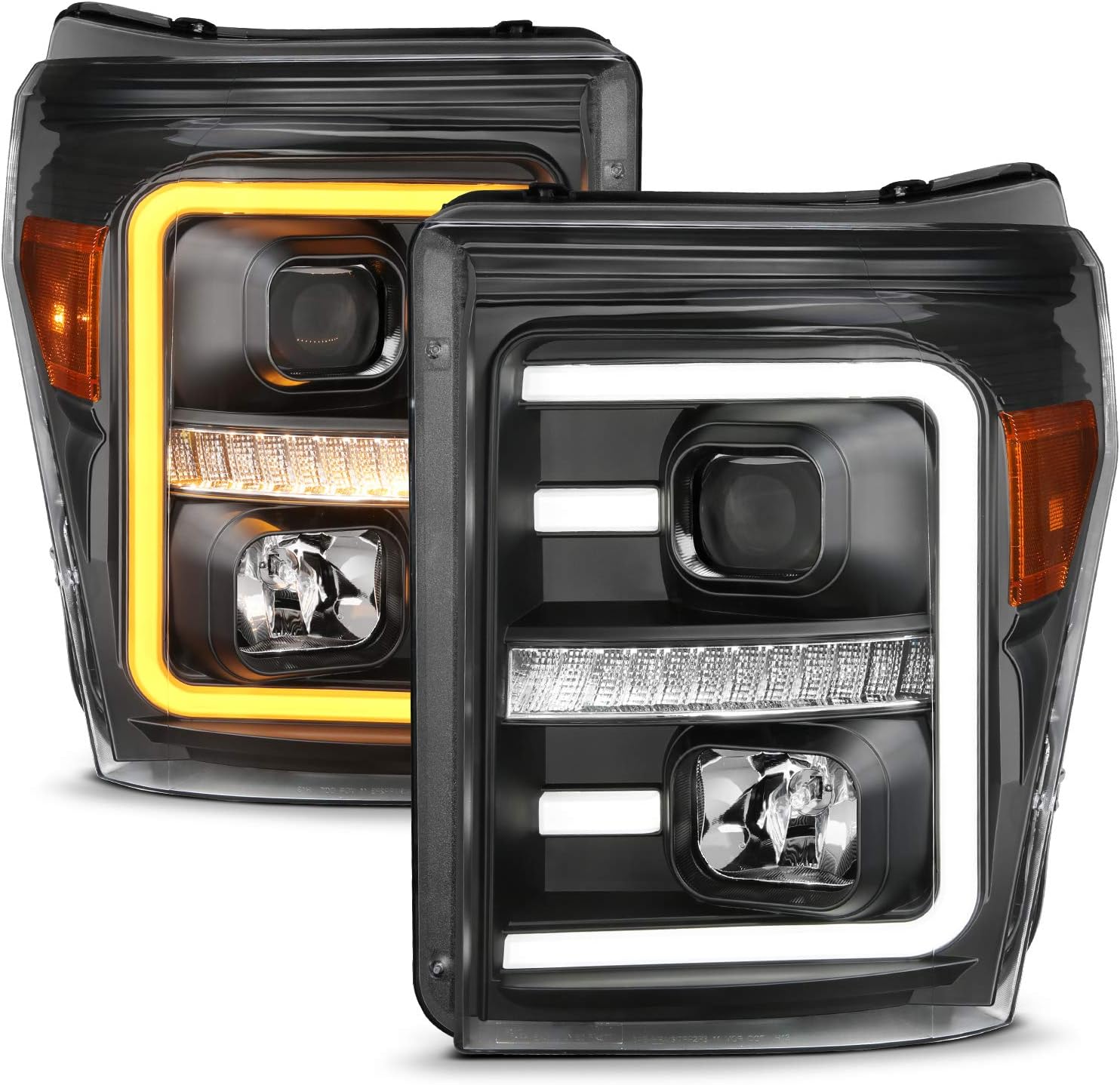 AmeriLite Replacement Headlights for 2011-2016 Ford F250/350/450 Super Duty Switchback LED Tube Projector Chrome Assembly Set - Passenger and Driver Side