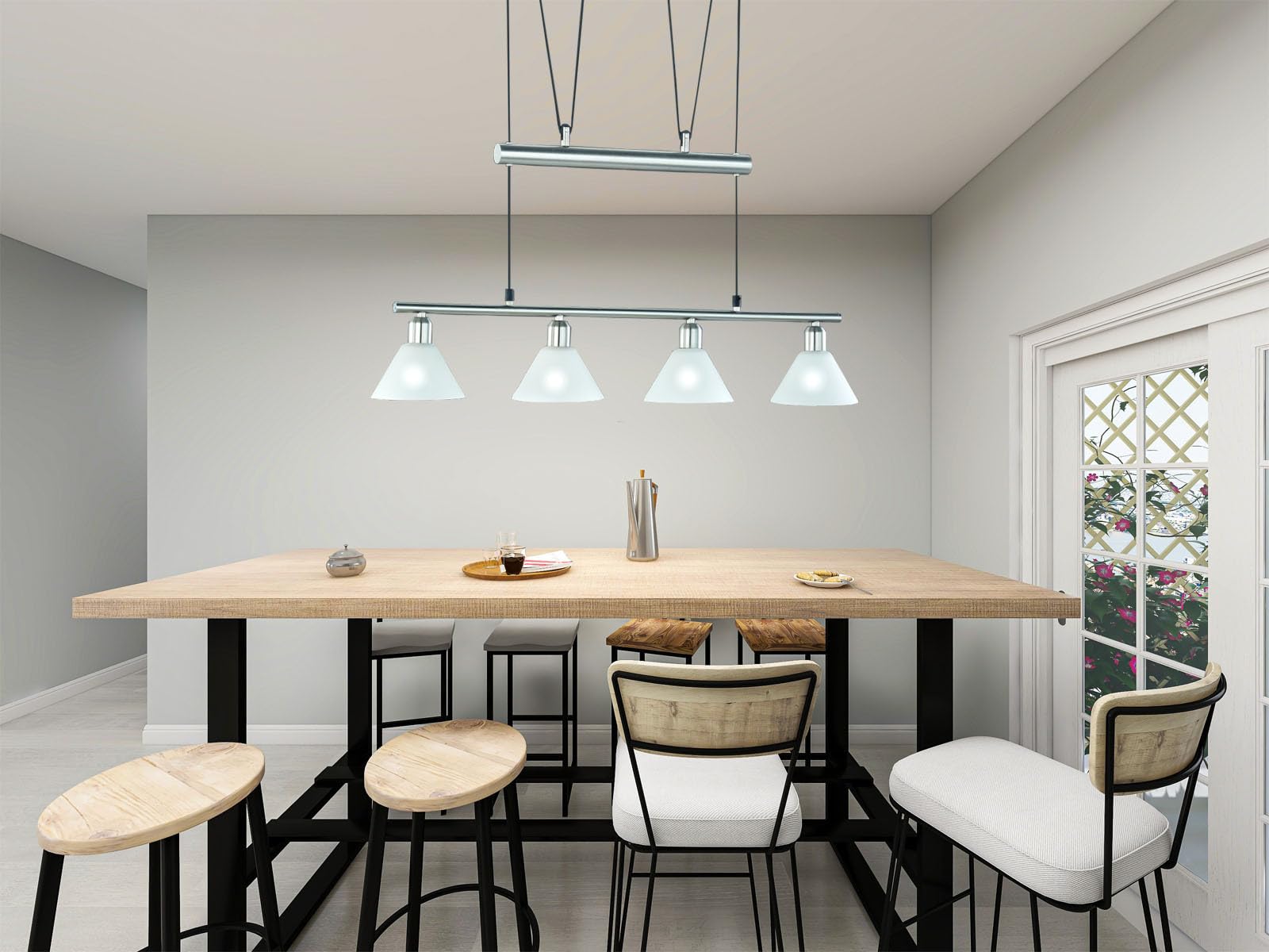 Trio Leuchten JoJo-Pendelleuchte Stamina 3751041-07, Metall Nickel matt, Glas opal weiß matt, exkl. 4x E14, höhenverstellbar, 40W